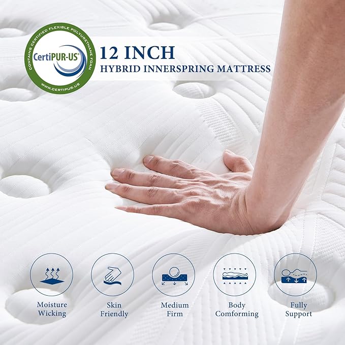 Coolvie Queen Mattress 12 Inch Queen Size Mattresses in A Box Hybrid Mattress Individual Pocket Springs Mattresses with Memory Foam Layer Medium Firm Provide Motion Isolation & Cool Sleep