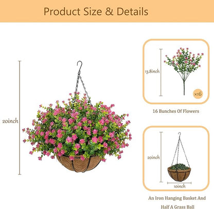 Artificial Hanging Flowers Basket for Outdoor, 16 Fake Flowers Look Real UV Resistant, Faux Hanging Plants for Porch, Balcony, Patio, Garden, Spring Summer Decor,Pink