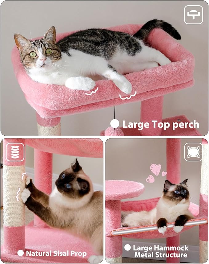 Cat Tree for Large Cats with Metal Plush Big Hammock, 56.3" Cat Tower for Indoor Cats with 2 Door Condo House, 6-Tier Cat Shelves with Scratching Posts and Large Top Perch, Pink-Mewly Pet