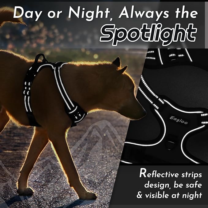 Eagloo Dog Harness Medium Sized Dog, No Pull Service Vest with Reflective Strips and Control Handle, Adjustable and Comfortable for Walking, No Choke Pet Harness with 2 Metal Rings, Black, M-Mewly Pet