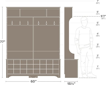 Prepac Gray Hall Tree, Shoe Cabinet, Storage Cabinet with 24 Shoe Cubbies and 6 Double Coat Hooks 15.5" D x 60" W x 77" H