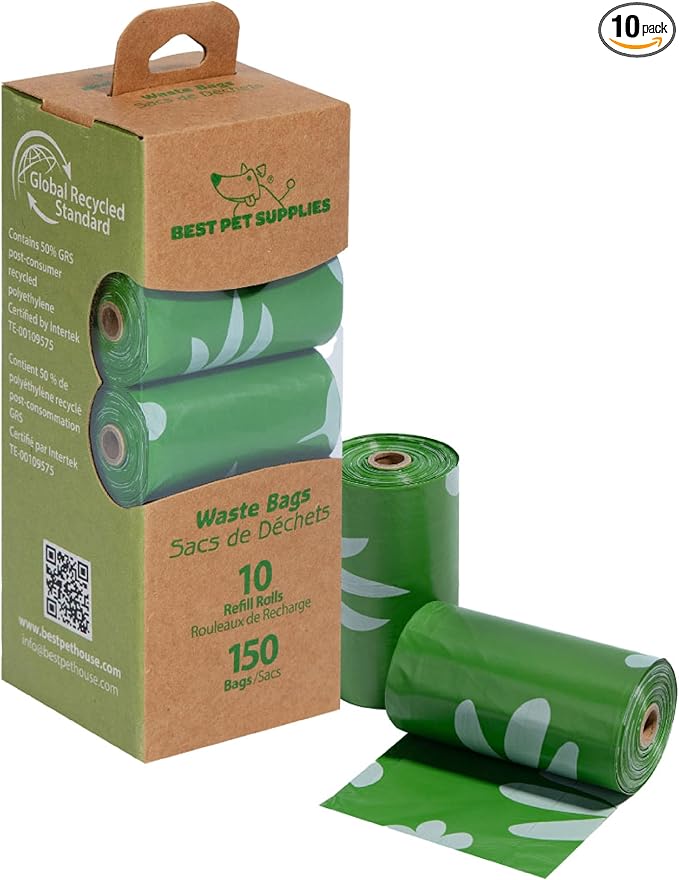 Best Pet Supplies Poop Bags for Dogs, 50% Post-Consumer Recycled Content dog waste bags on rolls, fits all poop bag holders for leashes - 150 Count, Green, Unscented-Mewly Pet