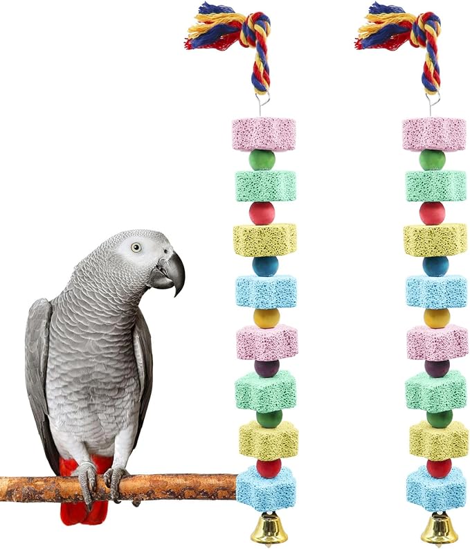 2 Pack Mineral Block Chew Toys with Colorful Beads and a Bell, Bird Beak Grinding Stone, Cage Accessories for African Grey, Budgies, Cockatiels, Small to Medium Birds-Mewly Pet