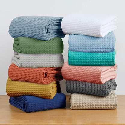 PHF 100% Cotton Waffle Weave Throw Blanket，Pre-Washed Snag Proof Lightweight Breathable Moisture-Wicking for Layering in Cold Weather for Couch Bed,Machine Washable,Home Decor Gift-Loden Green