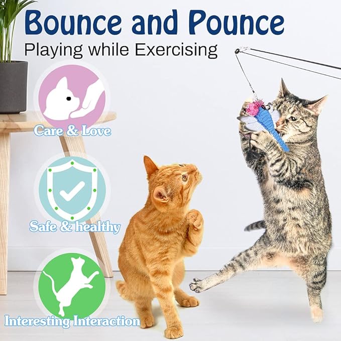 Pawaboo Cat Feather Toys, 4 Pack Interactive Teaser Wand, Retractable Fishing Pole Catcher Exerciser With Refill Fish, Dragonfly Worm With Bells, Fun Kitten Kitty Playing Toy-Mewly Pet