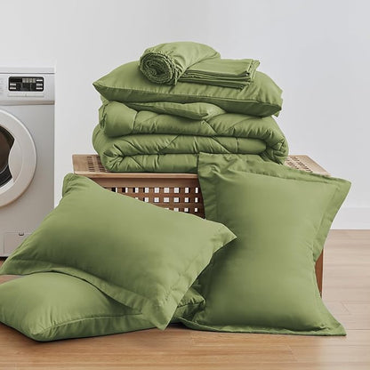 Love's cabin Full Comforter Set Olive Green, 7 Pieces Full Bed in a Bag, All Season Bedding Sets with 1 Comforter, 1 Flat Sheet, 1 Fitted Sheet, 2 Pillowcase and 2 Pillow Sham
