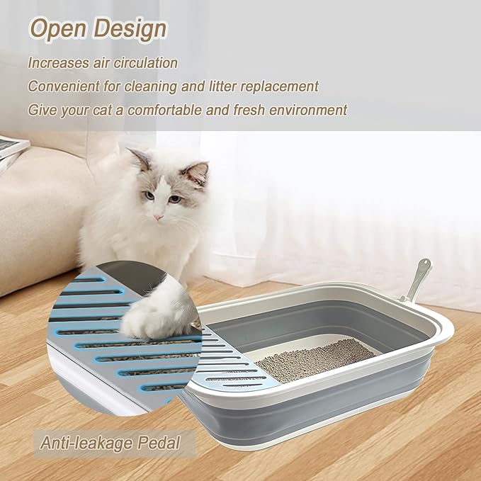 Collapsible Small Cat Litter Box,Kitten Open Potty Pan with Scoop Cat Toilet with Falling Sand Pedal Low Entrance Foldable Kittens Travel Litter Box Blue-Mewly Pet