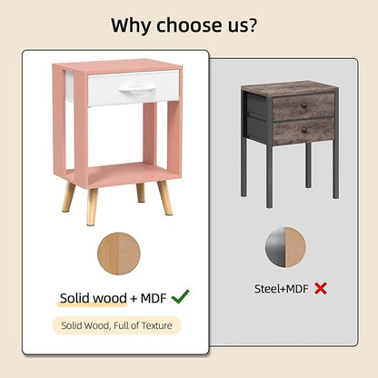 GYIIYUO Nightstands Set of 2 with Fabric Storage Drawer and Open Wood Shelf, Side Table with Storage for Bedroom, Bedside Tables - Pink