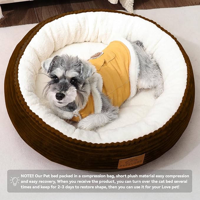 23in Round Cat Dog Bed for Large Medium Small Dogs Cats, Machine Washable Sleeping Sofa, Non-Slip Bottom Breathable Soft Calming Pet Cuddler for Indoor/Outdoor/Car/Cage, Brown-Mewly Pet