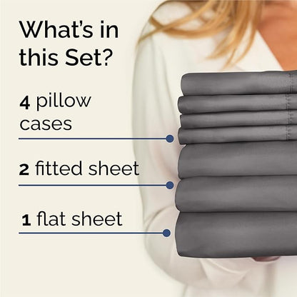 Split King Sheets Set 7 Piece - Includes 4 Pillowcases - Bed Sheets Split King - Soft Hotel Luxury Bedding - Cooling, Cozy & Breathable - 1 Flat & 2 Fitted & 4 Pillowcases w/ Deep Pockets - Dark Grey