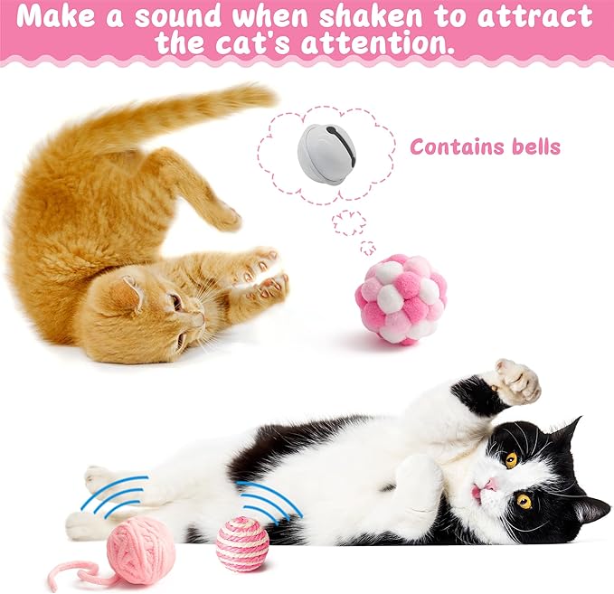 MALLMALL6 Cat Interactive Toys Set - 27Pcs Kitten Toys Stuff Pink Feather Teaser Wand Springs Mice Sisal Fish Crinkle Balls Bell Balls, Puzzle Gift Pack for Indoor Kitty Play Exercise-Mewly Pet