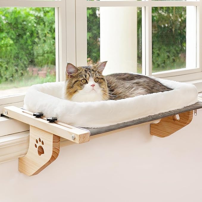 AMOSIJOY Cat Sill Window Perch Sturdy Hammock Seat with Cushion Bed Cover, Wood & Metal Frame for Large Cats, Easy to Adjust Windowsill, Bedside, Drawer and Cabinet (L)-Mewly Pet