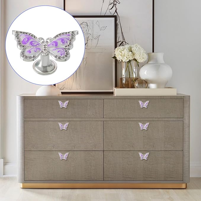 Butterfly Cabinet Knobs,6 Pieces Butterfly Knobs Single Hole Pulls Handles Decorative Door Cabinet Drawer Cupboard Furniture Door Wardrobe (Purple)