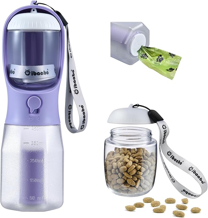 Dog Water Bottle with Food Container & Poop Bag Holder, Travel Water Bowl, Portable Pet Dispenser, Dog Stuff Accessories Items, Puppy Essentials Necessities for Yorkie Chihuahua Walking Hiking-Mewly Pet
