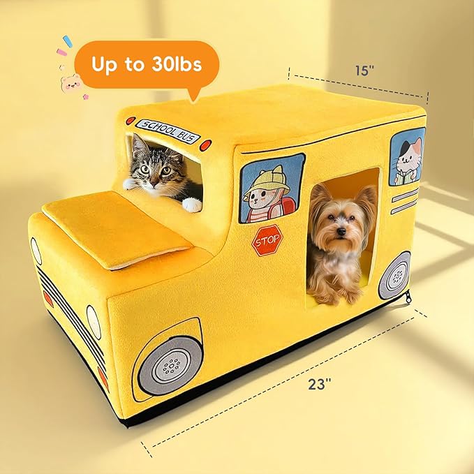 Cute Cat Beds Kitten Beds, Soft Small Dog Beds, Washable Pet Beds for Puppy and Kitty, Funny School Bus Cat Cave, 23 Inches-Mewly Pet