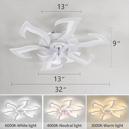 Modern Ceiling Fan with Lights Remote Control, 32" White Flush Mount Fan with 3 Light Colors, 6 Speeds Low Profile Ceiling Fan for Kitchen Bedroom
