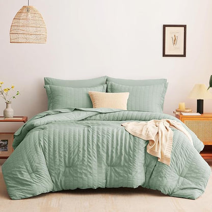 CozyLux King Size Comforter Set Sage Green Seersucker 7 Pieces Bed in a Bag King Comforter Set with Sheets, Luxury Bedding Set with Down Alternative Comforter, Sheets, Pillowcases & Shams All Seasonss