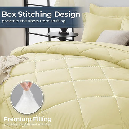 HEVUMYI Cream Yellow Cali-King Comforter Set - 7-Piece All Season Bed in a Bag Cali-King, Ultra Soft Bedding Set with Comforter, Flat Sheet, Fitted Sheet, Pillowcases, Pillow Shams