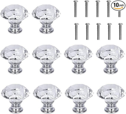 10 Pcs White Clear Crystal Glass Cabinet Knobs 30mm Diamond Shape Drawer Kitchen Cabinets Dresser Cupboard Wardrobe Pulls Handles
