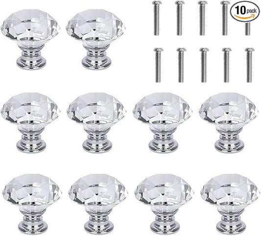 10 Pcs White Clear Crystal Glass Cabinet Knobs 30mm Diamond Shape Drawer Kitchen Cabinets Dresser Cupboard Wardrobe Pulls Handles