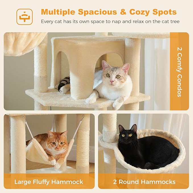 71.2" Tall Cat Tree for Indoor Cats - 9-Level Multi-Cat Tower w/5 Sisal Scratching Posts, 2 Condos, 3 Hammocks, Perch & Pom Poms - Heavy-Duty for Adult Cats, Space-Saving Plush Beige-Mewly Pet
