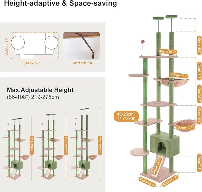 Floor to Ceiling Cat Tree Tall Cat Tower with Adjustable Height (81.8-108 Inches) with Fully Scratching Post Private Condo and Hammock for Indoor Cats (Green, Triple Dule Posts)-Mewly Pet