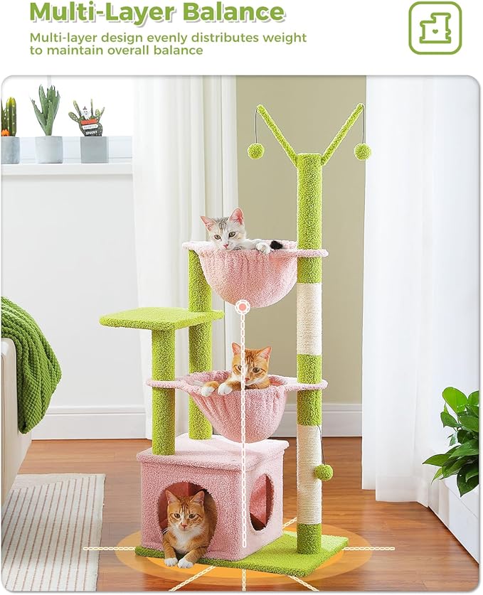 Pink Cat Tree, 47.6" Cat Tower with 2 Metal Frame Hammock, Cat Scratching Post for Indoor Cats with 2 Removable Pompom Sticks for Kittens, Pink-Mewly Pet