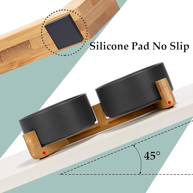 SPUNKYJUNKY Ceramic Dog and Cat Bowl Set with Wooden Stand, Modern Cute Weighted Food Water Set for Large Size Dogs (7.6 Cups, 2 × Black)-Mewly Pet