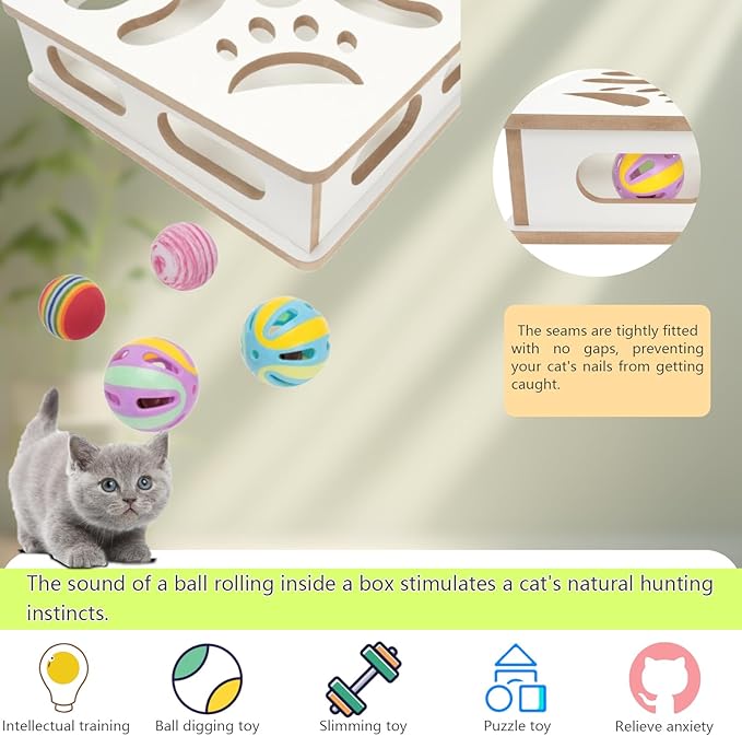Interactive Wooden Cat Puzzle Toy Box Indoor Hunting Play Toy to Stimulate Your Cat’s Energy and Instincts (White)-Mewly Pet