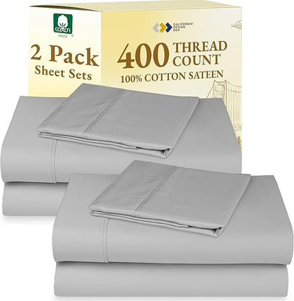 California Design Den 2-Pack Twin Cotton Sheet Sets - 400 Thread Count 100% Cotton Sateen - Extra Soft, Breathable & Cooling Sheets, Wrinkle Resistant, 2 Sets of Deep Pocket Bed Sheets - Light Grey