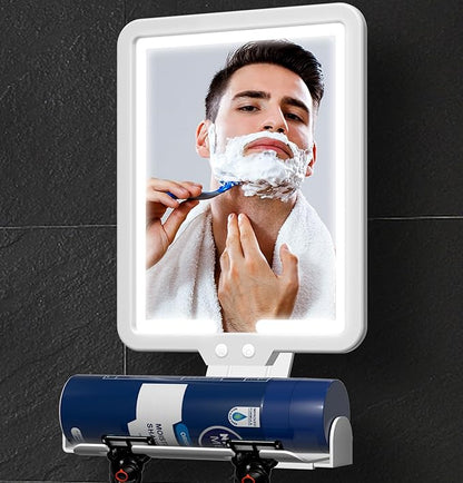 Lighted Shower Mirror Fogless for Shaving, Heated Fog Free Large 9.5*7inch 3 Color Modes Dimming Shower Shaving Mirror with Light, Rechargeable Anti-Fog Shower Mirror with Storage Tray & Razor Holders
