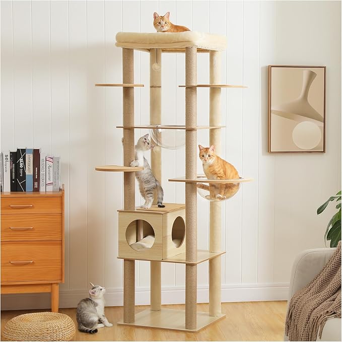 71" Tall Wood Cat Tree for Large Cats, Modern Cat Tower with 2 Acrylic Bowls, Large Top Perch, Spacious Cat Cave (Soft Cushion Included), 10 Sisal Scratching Posts and Non-Slip Jump Platforms-Mewly Pet