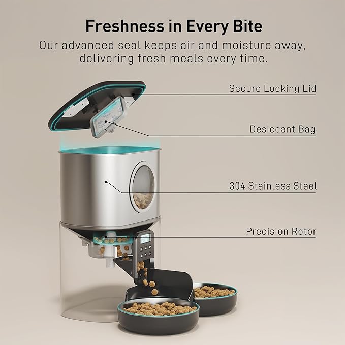 VOLUAS Automatic Cat Feeders for Two Cats,Stainless Steel 5L Pet Feeder for Cats and Dogs Timed Cat Feeder Pet Dry Food Dispenser, Silver Black-Mewly Pet