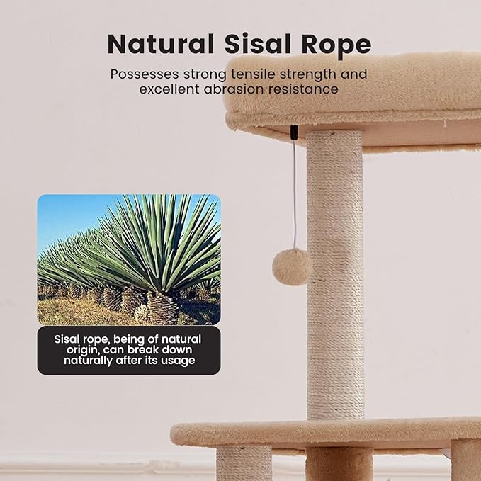 Gardner Pet 65in Heavy Duty Cat Tree Tower for Large Cats, Multi-Level Cat Furniture with Replaceable Sisal Scratching Post, Hammock | Extra-Large Platform & Condo (Beige)-Mewly Pet
