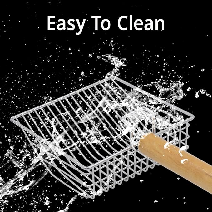 UFECODO Fast Sifting Cat Litter Scoop with Holder Stand, Stainless Steel Poop Scooper with Ergonomic Wood Handle, Heavy Duty and Easy Clean-Mewly Pet