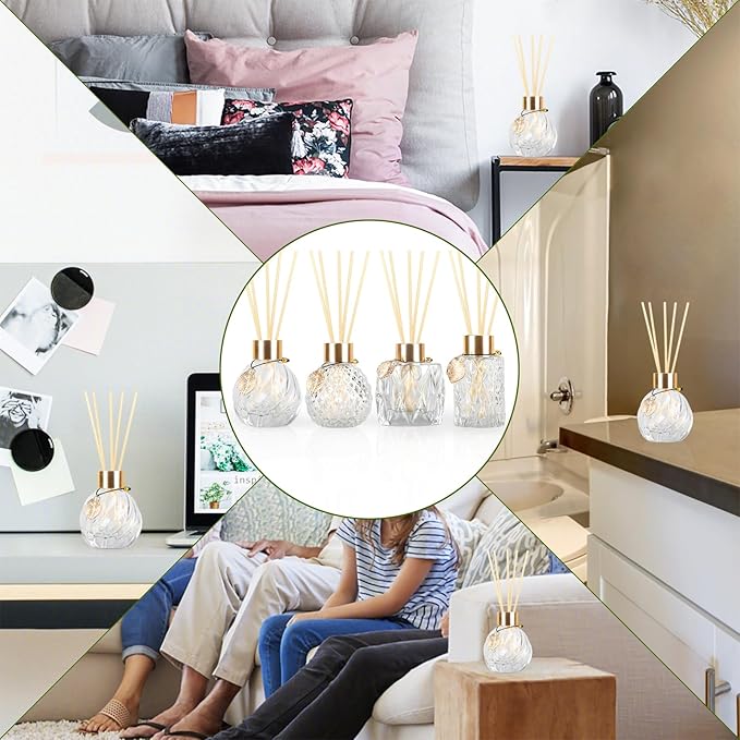8Pcs Reed Diffuser Set with Metal Golden Decoration, 3.5oz-4.2oz Empty Bottles with 20Pcs Reed Sticks, Unique Design Bottles for Home and Office