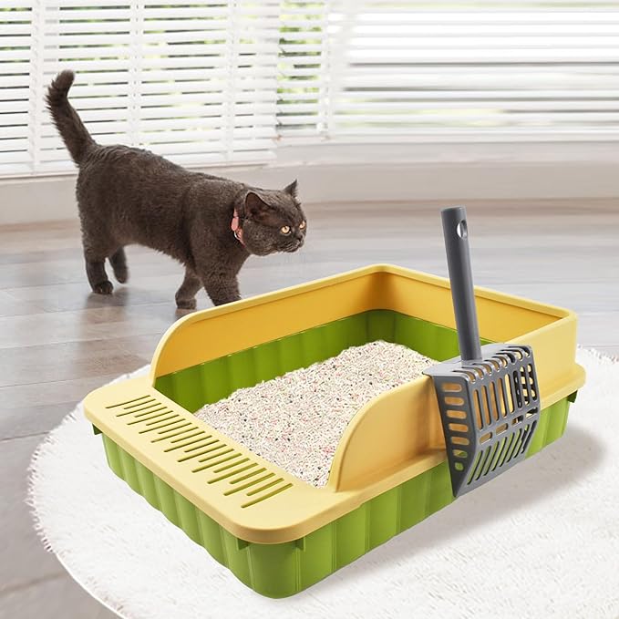 Open Top Cat Litter Box with High Side Anti-Splashing Cat Toilet with Litter Sifting Scoop Semi-Enclosed Kitten Litter Tray Pan Removable Prevent Sand Leakage Deodorizing Easy to Clean(Green)-Mewly Pet