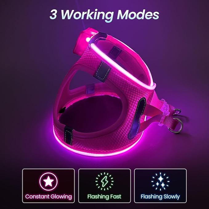 PceoTllar Light Up Dog Harness, LED No Pull Reflective Dog Harness, Flashing Lighted for Night Walking - Small/Medium, (Pink,L)-Mewly Pet