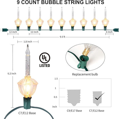 Christmas Bubble Lights - UL Listed 9 Traditional Clear Bulbs with Silver Glitter for Holiday Christmas Celebrations Lighting, Green Wire