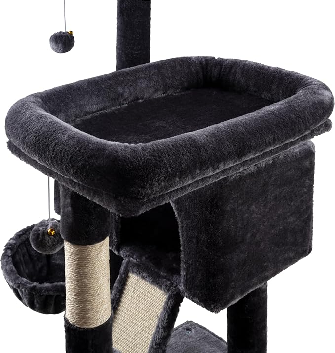 MUTICOR 66 Inches Multi-Level Large Cat Tree Tower for Indoor Big Feline/Cozy Plush Perches/Condo/Sisal Scratching Posts/Hammock and Baskets/Activity Center Play House/Wide Base/Dark Grey-Mewly Pet