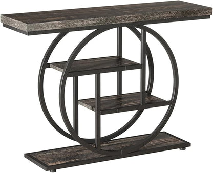 Tribesigns 41.3" Console Table, Industrial 4-Tier Sofa Table Entryway Table with Circle Base, Narrow Wood Accent Tables with Storage Shelves for Living Room, Hallway, Foyer, Charcoal Black