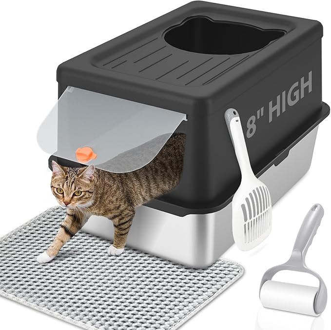 Litter Box with Lid, Stainless Steel Litter Box XL, 14" H Metal Cat Box with High Sides Wall Enclosure, Cat Pan, Non-Sticky, Easy Clean, Anti-Leakage, Black-Mewly Pet