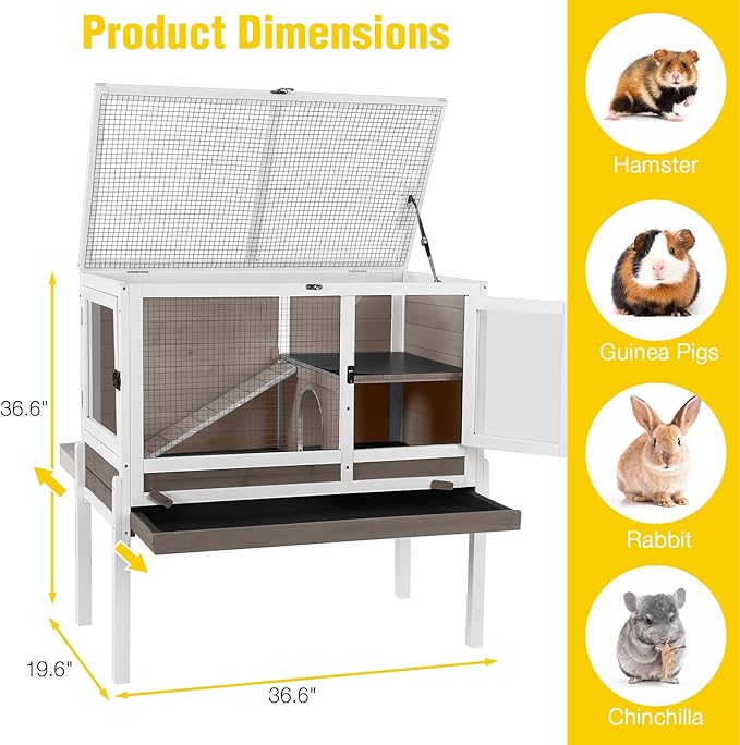 AIVITUVIN Wooden Guinea Pig Cage Indoor with Cooling Plate and Anti-Chewing Edges Two-Story Rabbit Hutch Pull Out Tray Outdoor Rabbit Cage with Raised Stand and Wire Mesh Small Animals Cage (Brown-Mewly Pet