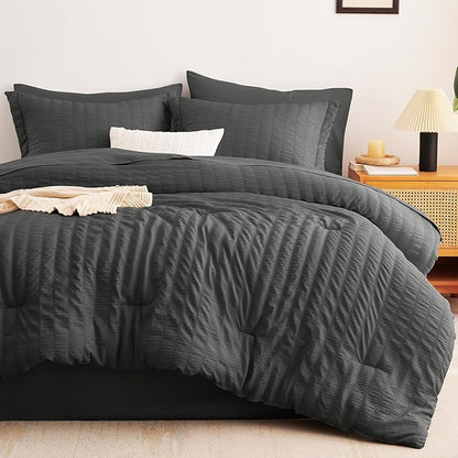 CozyLux Oversized King Comforter Set Dark Grey Seersucker 7 Pieces 120x98 Bed in a Bag Comforter Set with Sheets, Luxury Soft Bedding Sets with Down Alternative Comforter, Sheets, Pillowcases & Shams