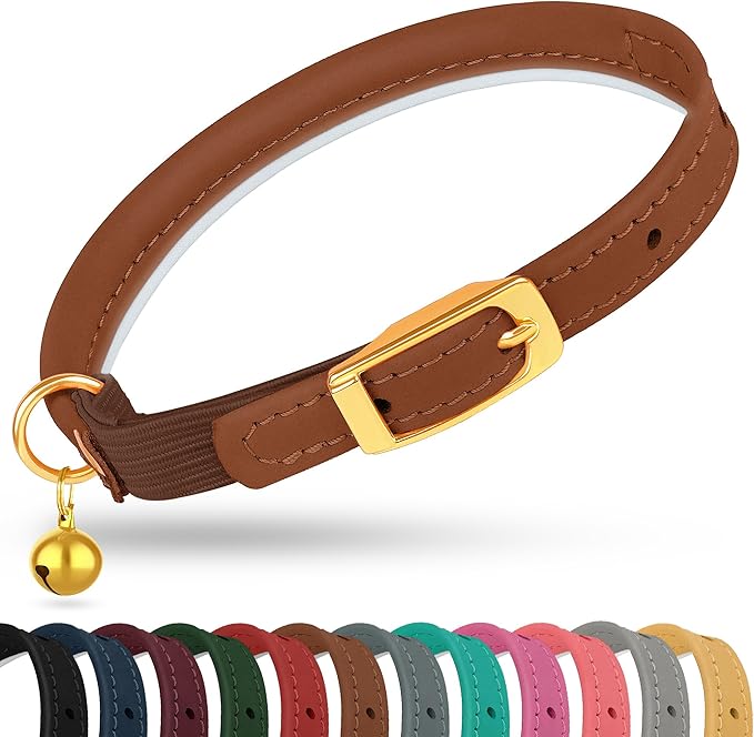 OOPSDOGGY Rolled Leather Cat Collar with Bell - Reflective Kitten Collar with Safety Elastic Strap - Adjustable Small Pet Collars for Boy Girl Cats (Brown)-Mewly Pet