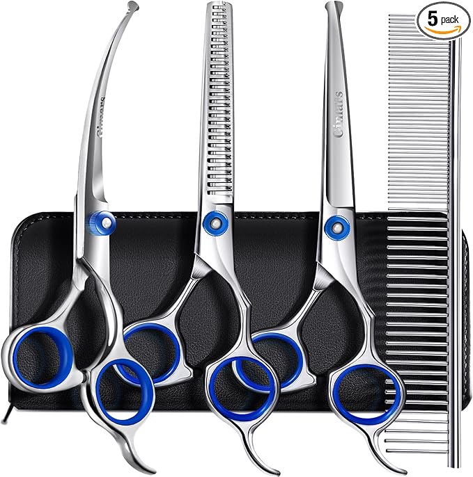 Gimars Professional 5 in 1 Grooming Scissors for Dogs 4CR with Safety Round Tip, Heavy Duty Titanium Coated Straight & Thinning & Curved Shears-Mewly Pet