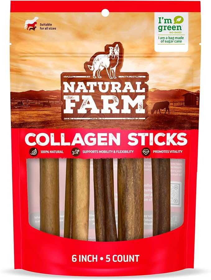 Natural Farm Collagen Sticks 6-Inch Dog Chews - Odor-Free, 95% Natural Collagen Supports Healthy Joints, Skin & Coat - Small, Medium Dogs – Lasts 20% More (6 inch, 5 Pack)-Mewly Pet