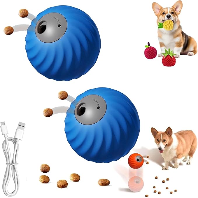 Zoomie Buddy 2.0, Zoomie Buddy for Dogs, 2 in 1 Smart Touch Interactive Dog Balls ＆ Pet Feeder, 2.83" Diameter, Suitable for Small/Medium Dogs, with Fruit Plush Cover (2*Blue, Only)-Mewly Pet