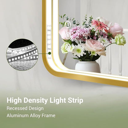 LED Bathroom Mirror with Lights, 20x28 Inch Brushed Gold Metal Frame LED Mirror for Bathroom, Stepless Dimmable 3 Colors Wall Mounted Lighted Bathroom Vanity Mirror, Anti-Fog, Memory