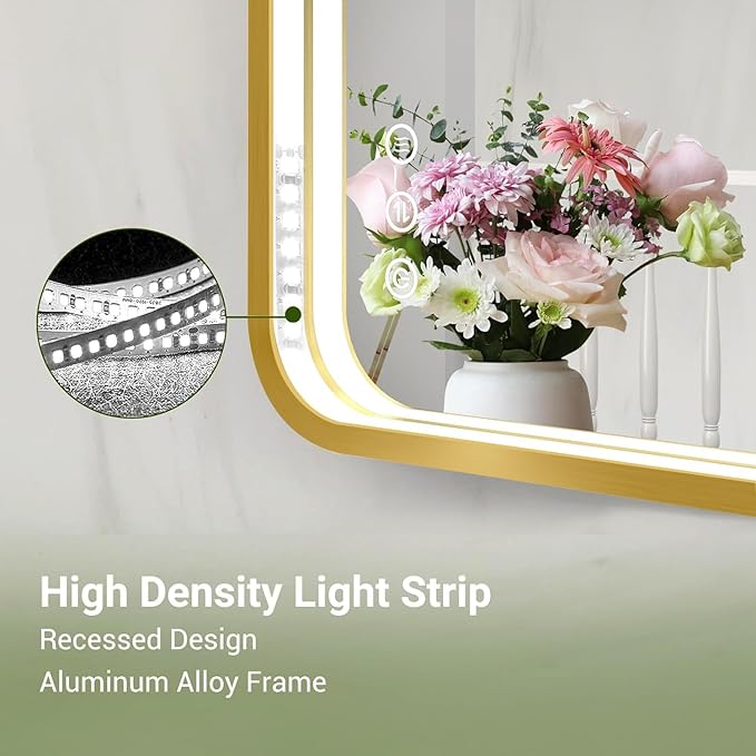 60x36 Inch LED Bathroom Mirror with Lights, Gold Metal Framed LED Mirror for Bathroom, 3 Colors and Stepless Dimmable Wall Mounted Lighted Bathroom Vanity Mirror, Anti-Fog, Memory